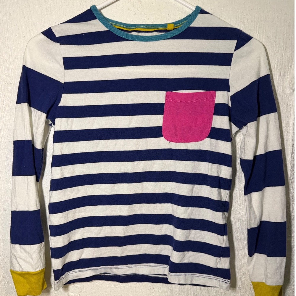 Mini Boden Girls Striped Long Sleeve‎ T-Shirt Navy White Pink Pocket Size 9-10Y